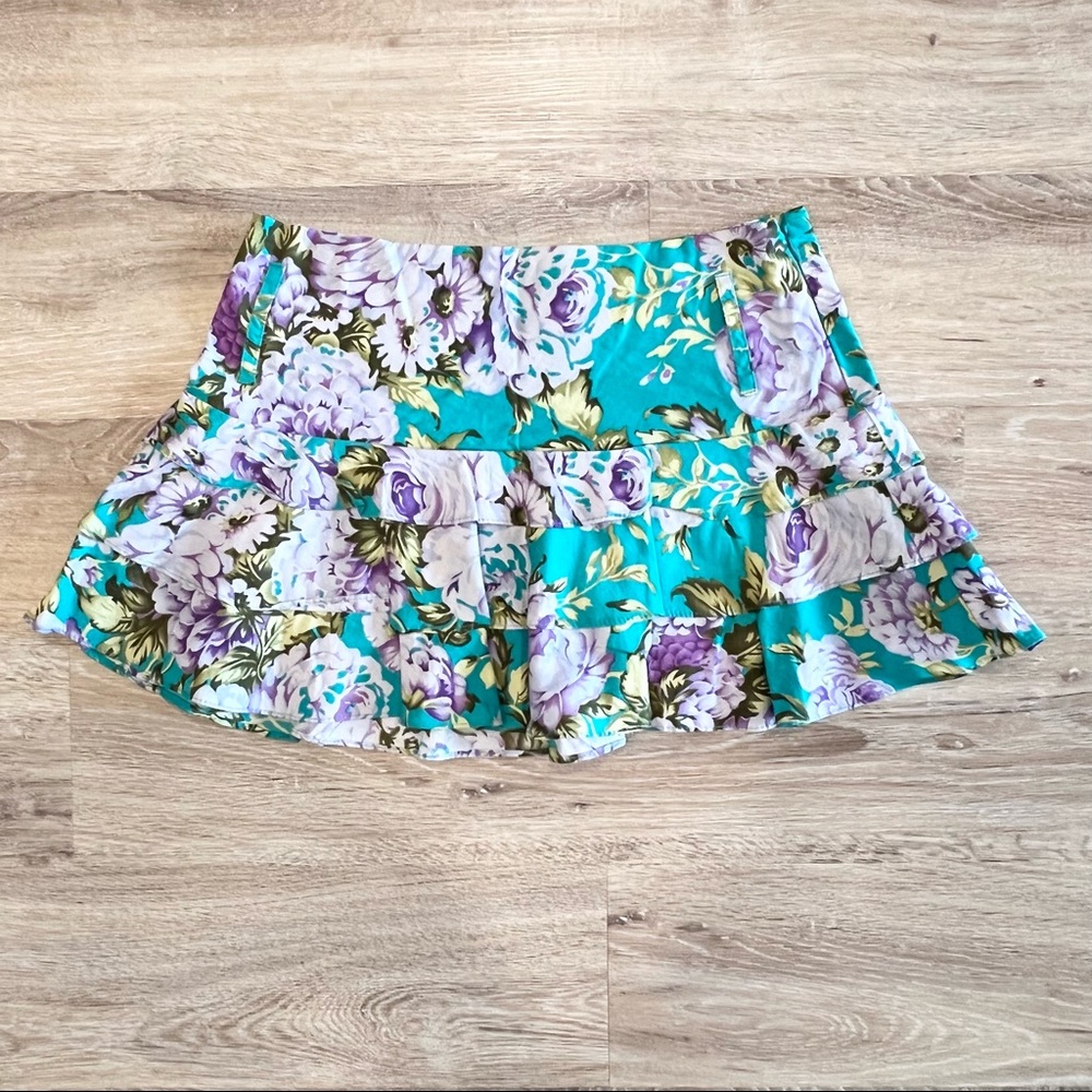 Vintage retro tropical rose Y2K 90s ruffle mini skirt